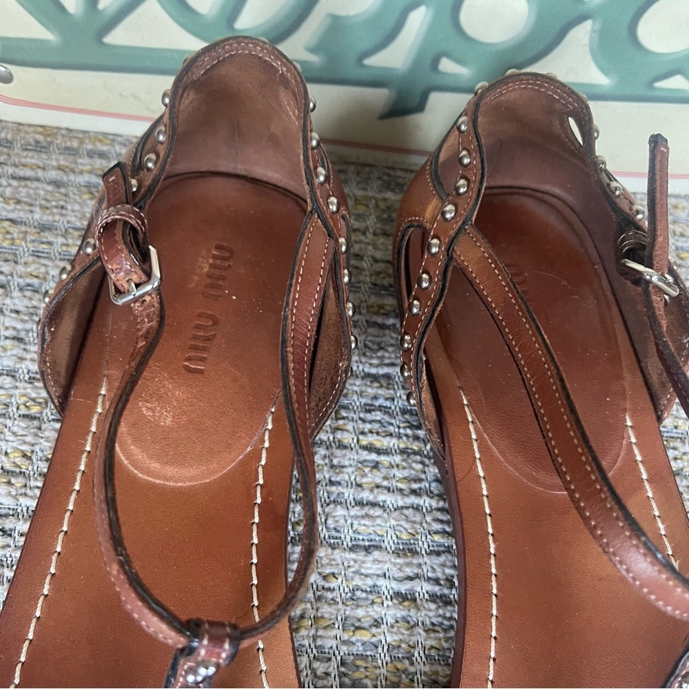 Miu Miu Bejeweled T-Strap Brown Leather Sandals - Picture 6 of 11